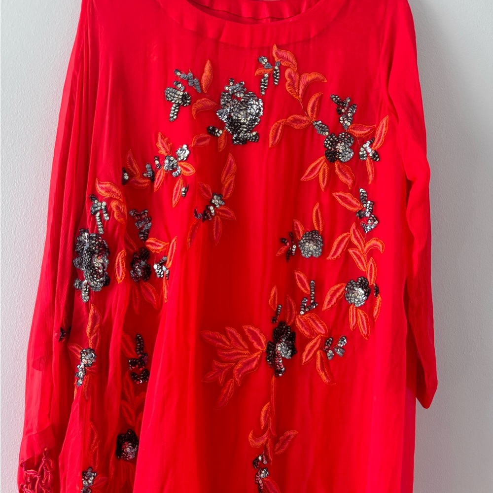 Red Embellished Floral Cape Dress